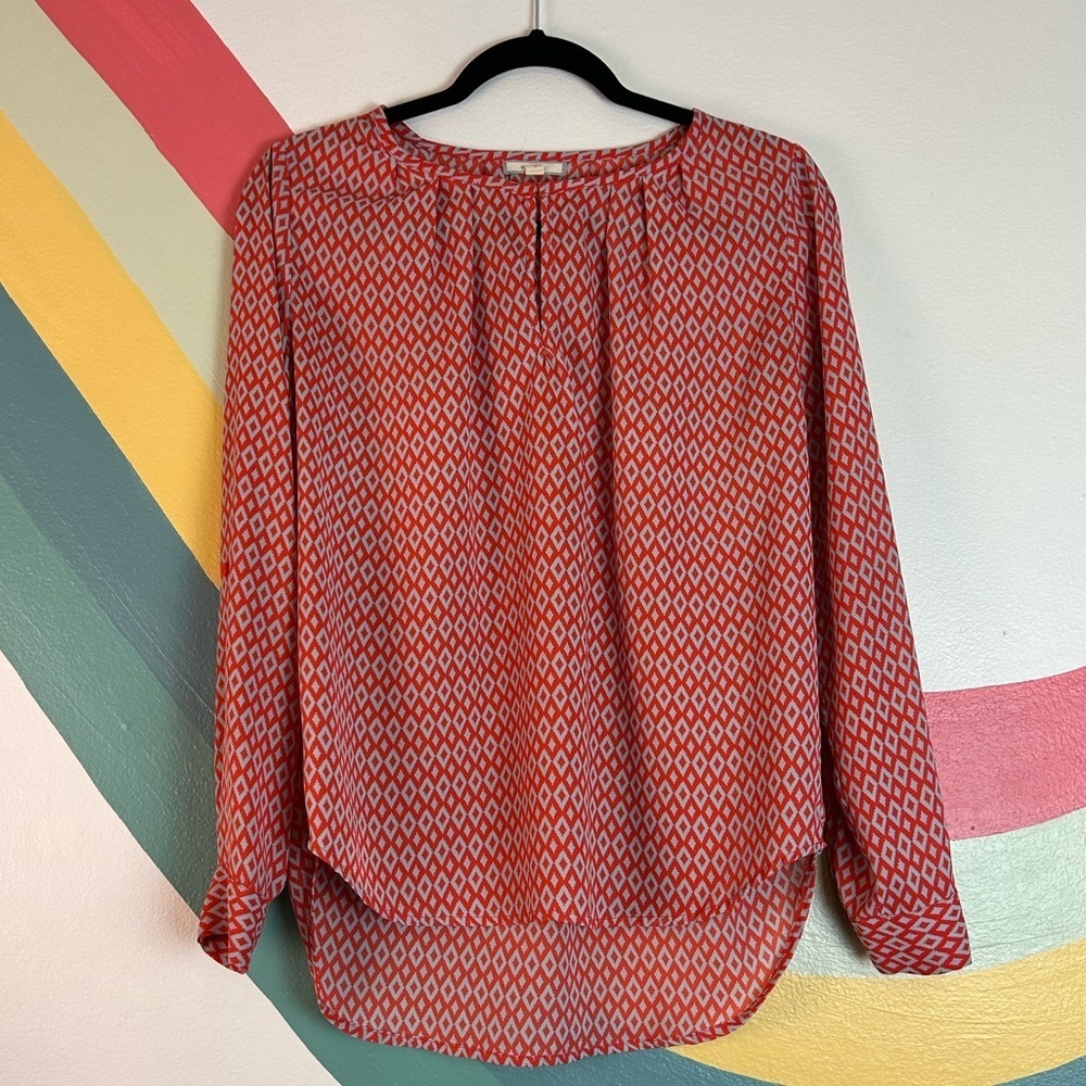 Anthropologie Pleione Business Casual Top Long Sleeve Red Grey Geomtric Pattern